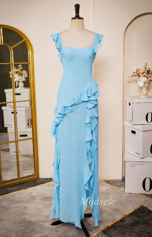 Light Blue Sweetheart Open Back Ruffle Long Dress