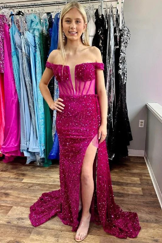 Magenta Sequin Mesh Off-the-Shoulder Long Prom Dress with Slit