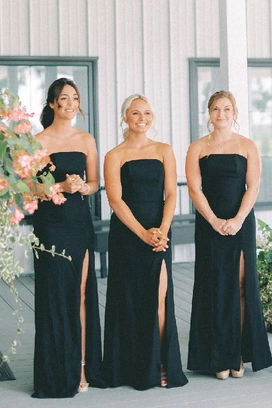 Black Strapless Mermaid Satin Sleeveless Long Bridesmaid Dress with Slit