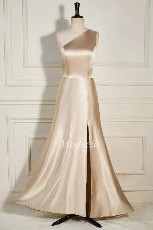 Champagne One-Shoulder A-Line Long Dress