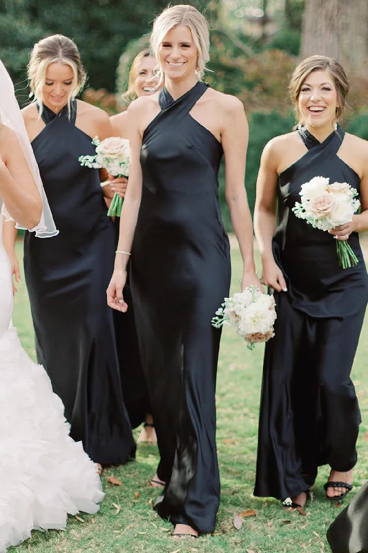 Black Halter Cutout Back Long Bridesmaid Dress