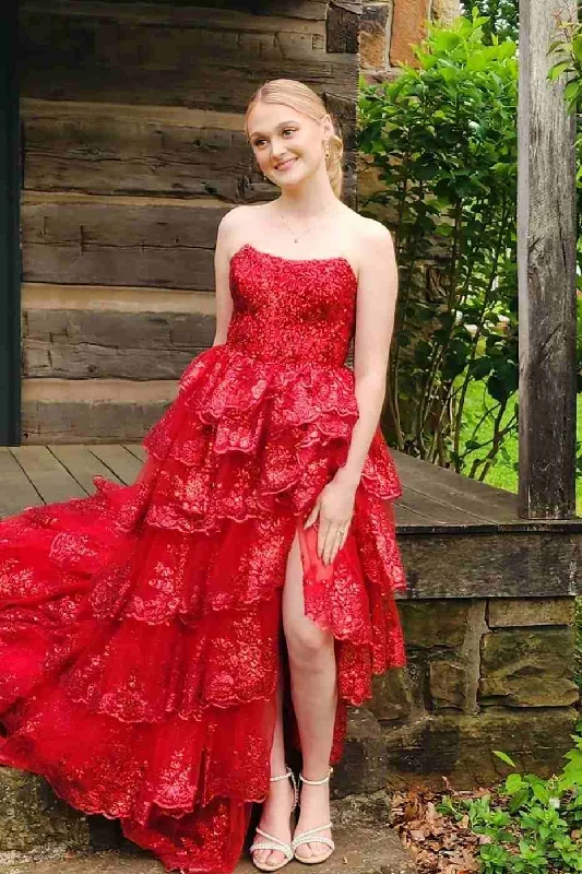 Red Strapless A-Line Sequins Appliques Ruffles Prom Dress Long with Slit