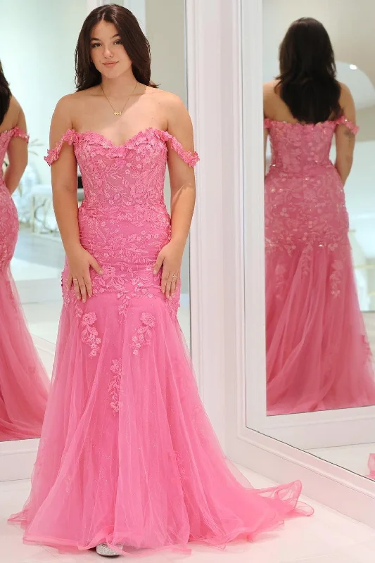 Pink Tulle Appliques Off-the-Shoulder Trumpet Long Prom Dress