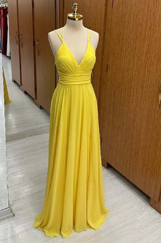 V-Neck Cross Back Chiffon Bridesmaid Dress in Yellow