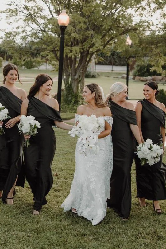 One Shoulder Black Satin Pleated Long Bridesmaid Dress with Slit