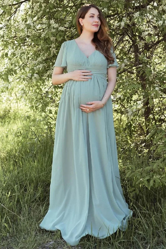 Dusty Sage V-Neck Maternity Bridesmaid Dress with Flared Sleeves