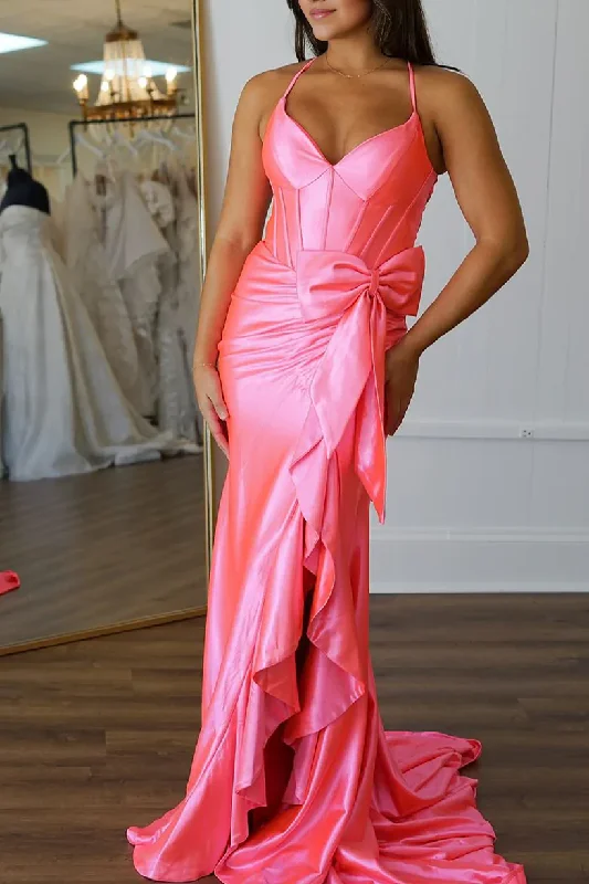 Pink Spaghetti Straps V-Neck Satin Bow Long Prom Dress with Slit