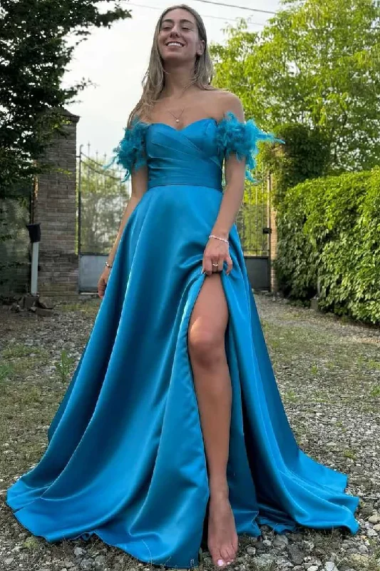 Off The Shoulder Long Bridesmaid Dresses, A-line 2025 Long Prom Dresses, High Slit Prom Dresses