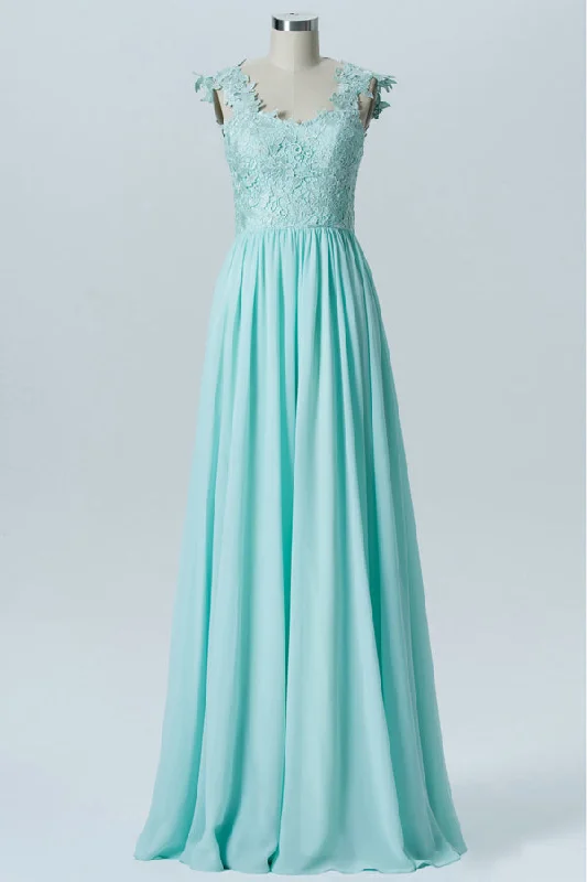 Aqua Blue Floral Embroidered Pleated Bridesmaid Dress