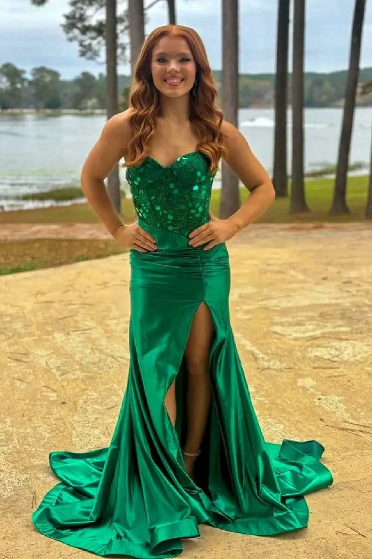 Green Strapless Mirror-Cut Sequins Mermaid Long Prom Dress with Slit