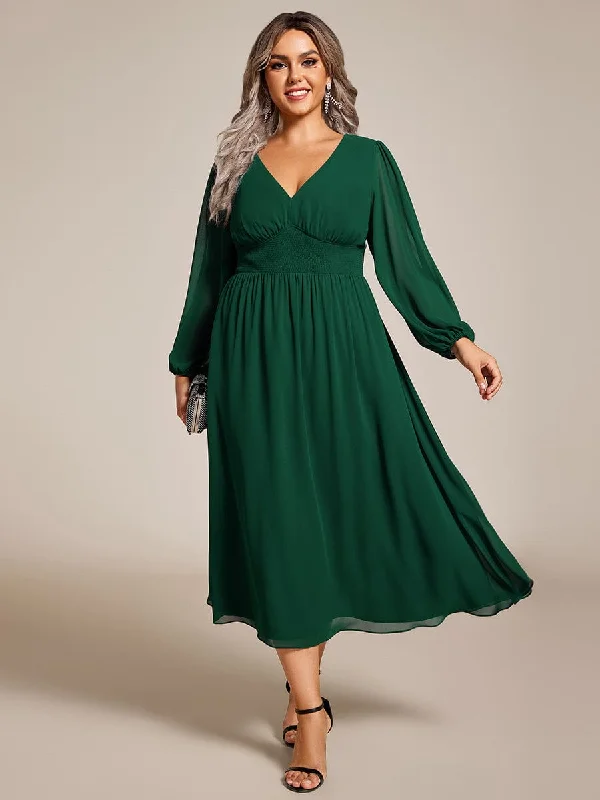 Plus Size Flowy Long Sleeves V-Neck Midi Chiffon Wedding Guest Dress