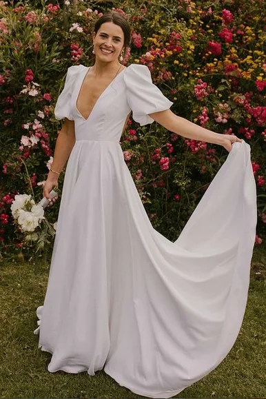 White Puff Sleeves Plunge Neck Long Wedding Dress