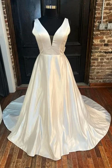 White Satin Plunging Neck Bow-Back A-Line Long Wedding Dress