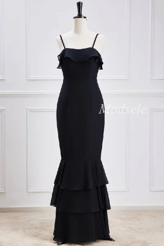 Black Spaghetti Strap Ruffle Multi-Layer Maxi Dress