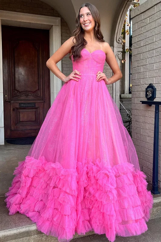 Fuchsia Strapless Ruffle A-Line Long Prom Dress