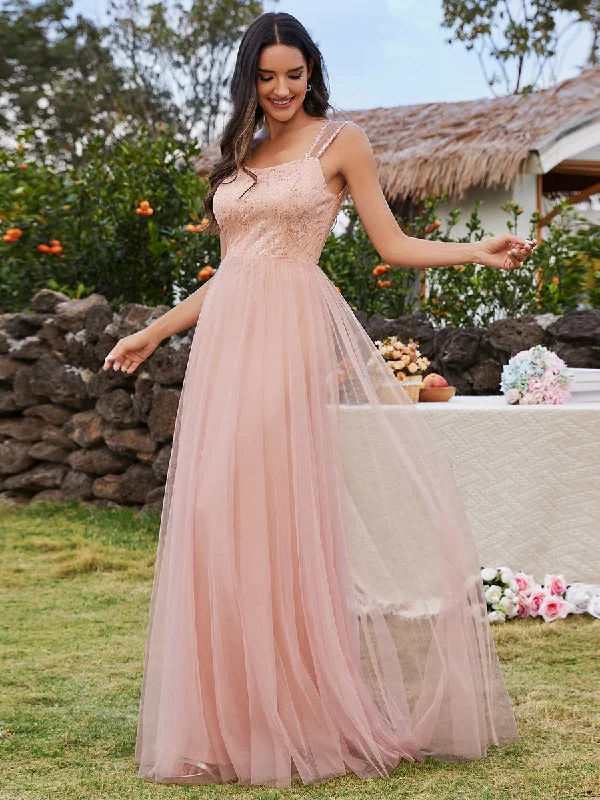 Tulle Sweetheart Spaghetti Strap Embroidery Sequin Wholesale Bridesmaid Dress