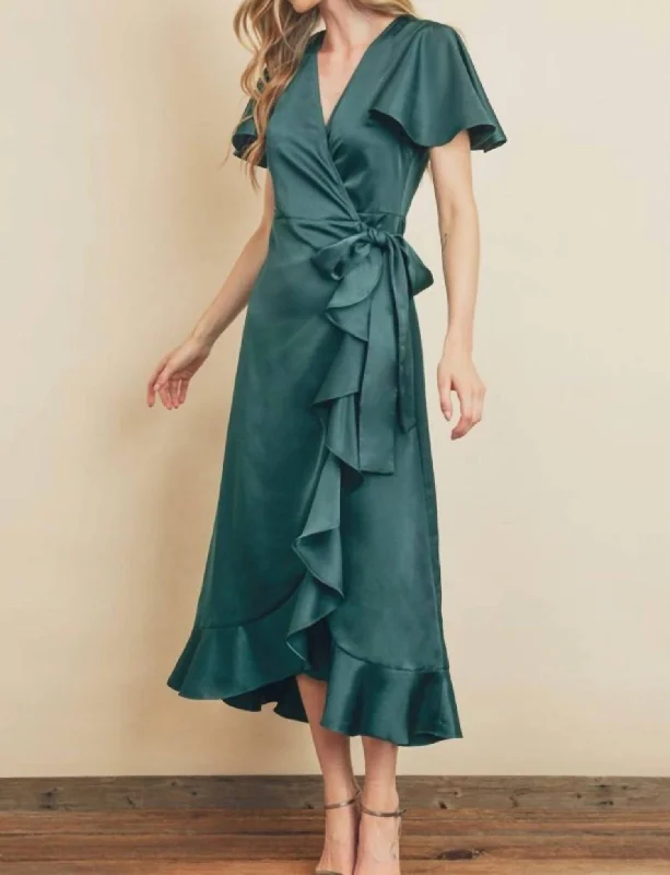 Flutter Sleeve Midi Wrap Dress in Emerald