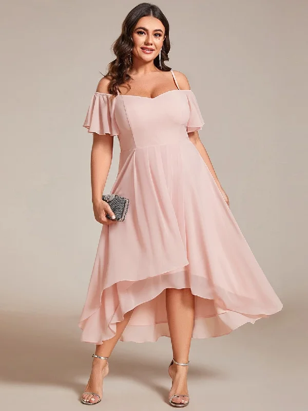 Plus Size Cold Shoulder Sweetheart Necklin Chiffon Midi Wedding Guest Dress