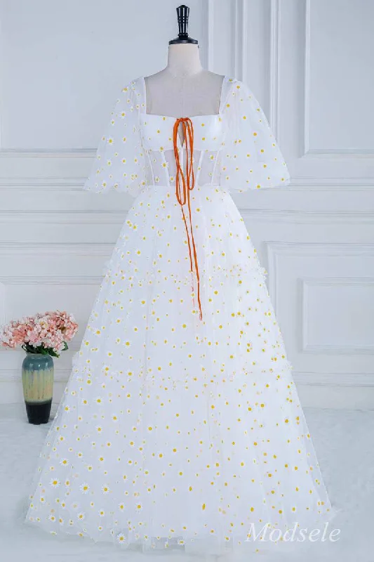 White Daisy Print Square Neck Puff Sleeve A-Line Long Prom Dress