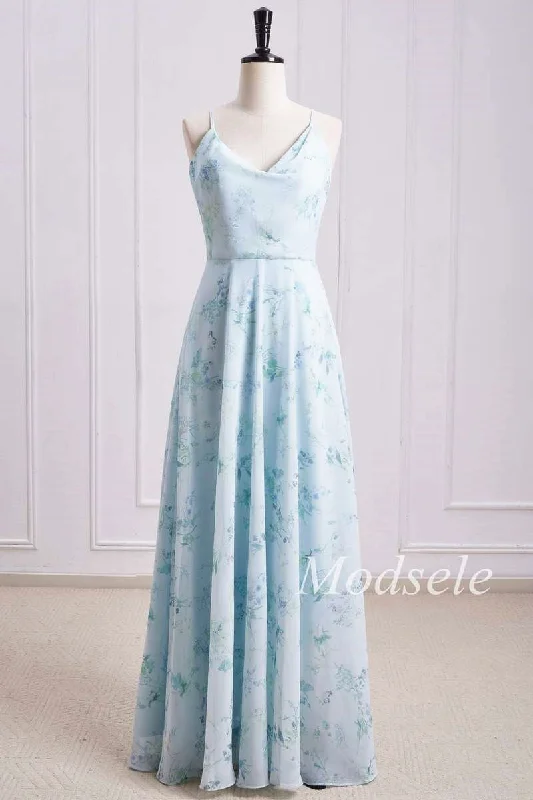 Floral Print Cowl Neck Cross-Back Chiffon Bridesmaid Dress