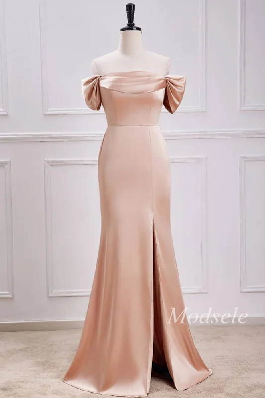 Champagne Off-the-Shoulder Mermaid Maxi Dress with Slit