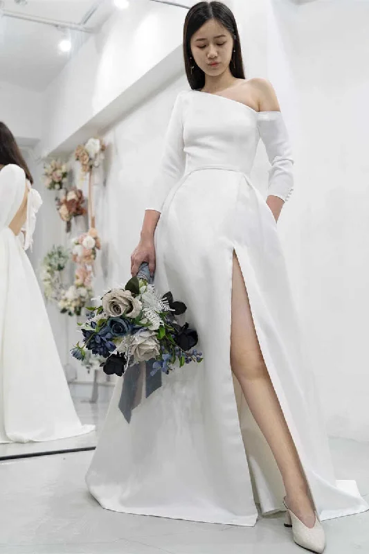 White Asymmetrical Backless Long Wedding Dress with Slit