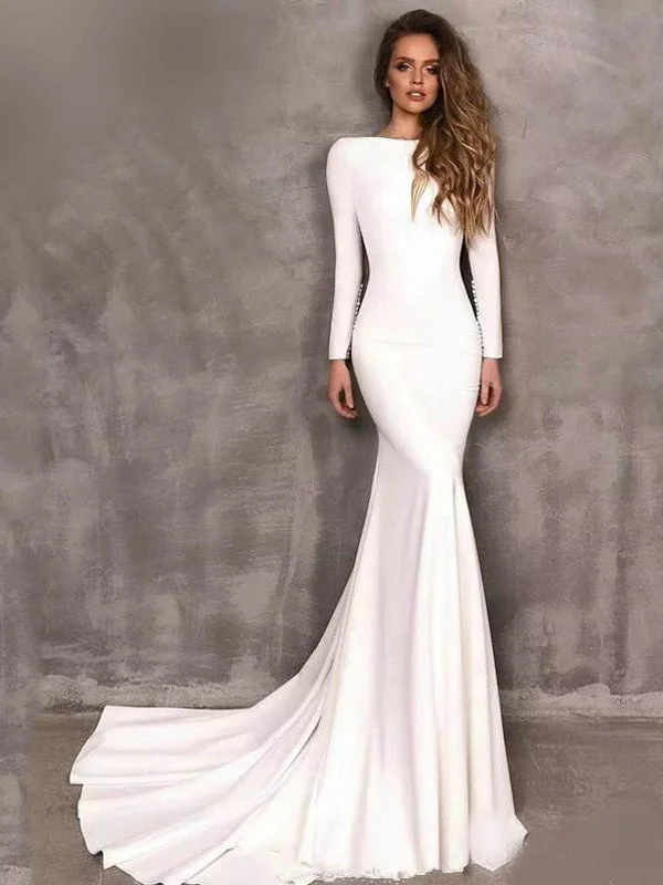 Long Sleeves Off White Mermaid Elegant Modest Fashion Wedding Dress, PD1054