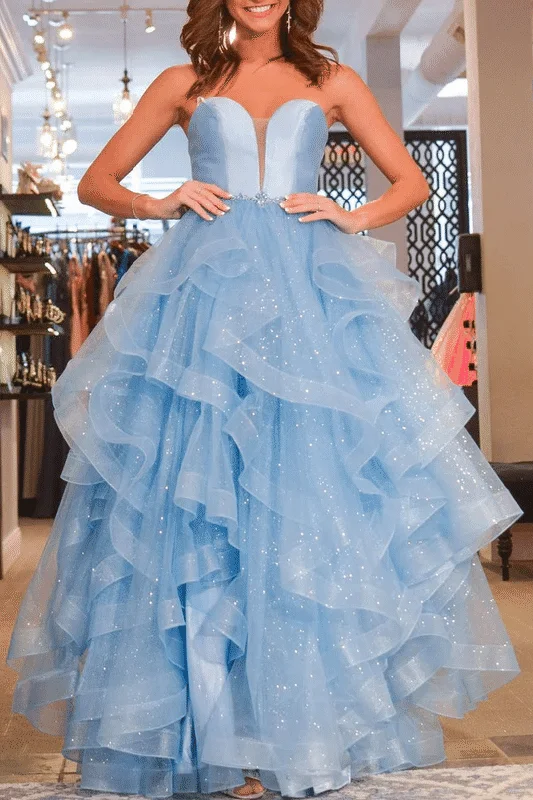 Ruffles Strapless Blue V-Neck Tiered Tulle A-Line Long Prom Dress