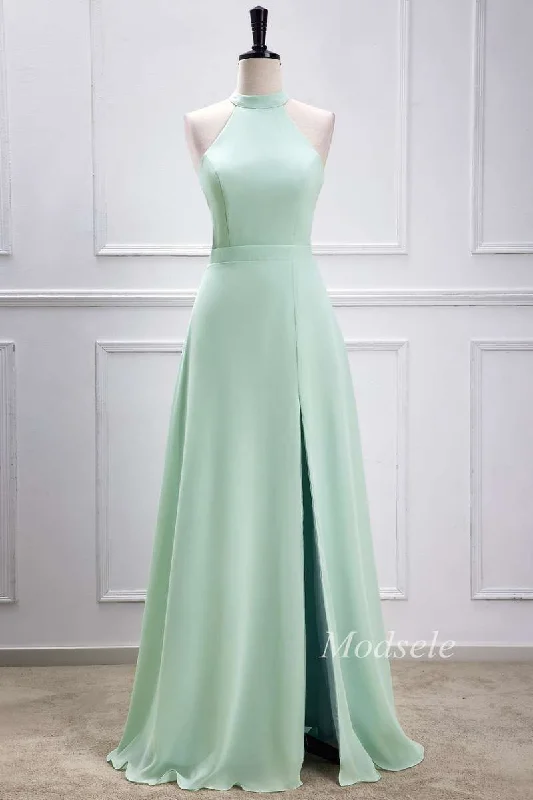 Sage Green Halter Maxi Dress with Slit