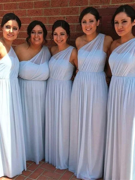 One Shoulder Long A-line Chiffon Bridesmaid Dresses, Long Bridesmaid Dresses, Light Blue Bridesmaid Dresses