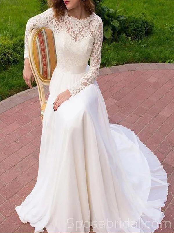 Long Sleeves Lace Simple  Elegant Classtic Romatic  Wedding Dresses,   Ball Gown, WD0357