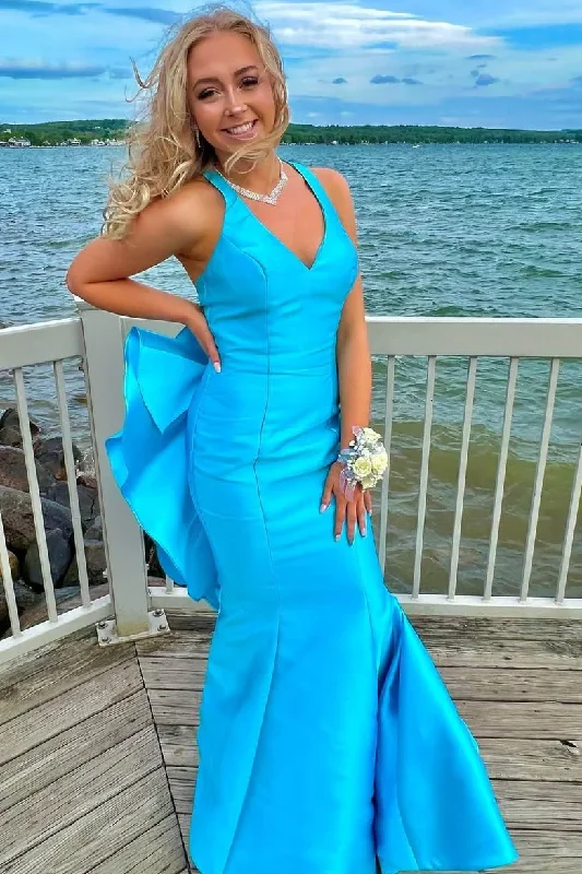 Satin Pleated Bridesmaid Dresses, Blue Mermaid Wedding Guest Dresses,V-neck Newest Long Prom Dresses