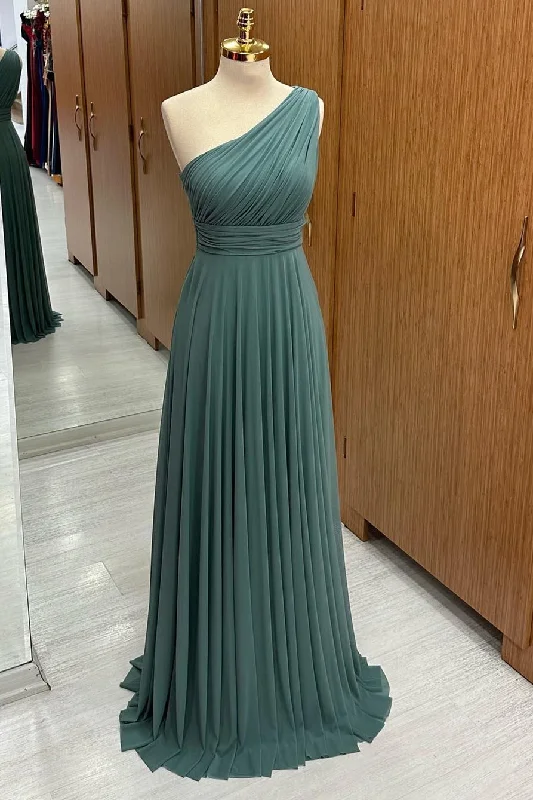 Dusty Sage One-Shoulder A-Line Chiffon Bridesmaid Dress