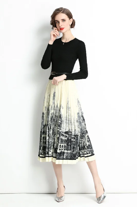 Black & White Office A-line Crewneck Long Sleeve Printed Skirt Midi Dress