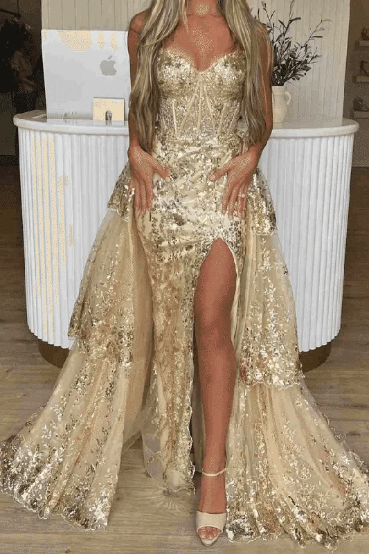 Gold Strapless V-Neck A-Line Sequins Appliques Long Prom Dress with Slit