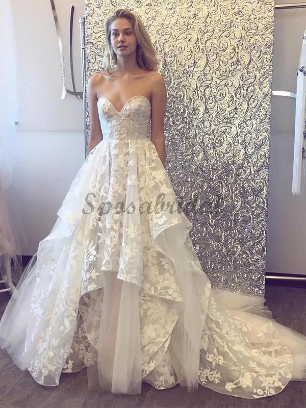 Sweetheart Strapless Lace Tulle Ruffles With Train Wedding Dresses WD368