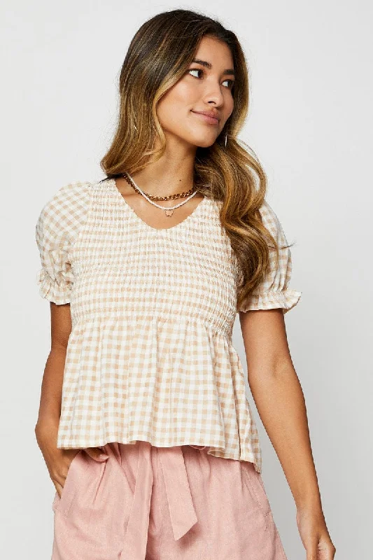 Check Puff Sleeve Top Short Sleeve